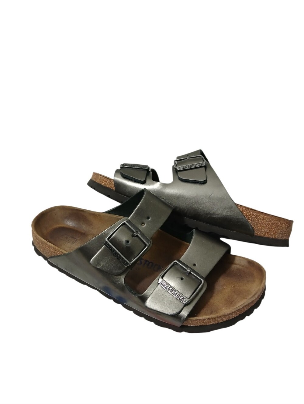 Birkenstock Arizona Metallic Anthracite Leather Soft Footbed Sandals Sz 39 US 8